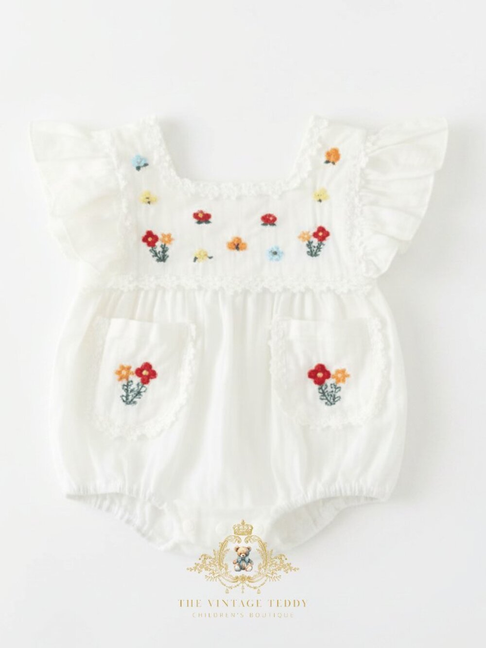 NWT Pretty Girls Embroidered Romper Bubble Flower & Lace Sweet Boho Baby 6-9M - Picture 2 of 2